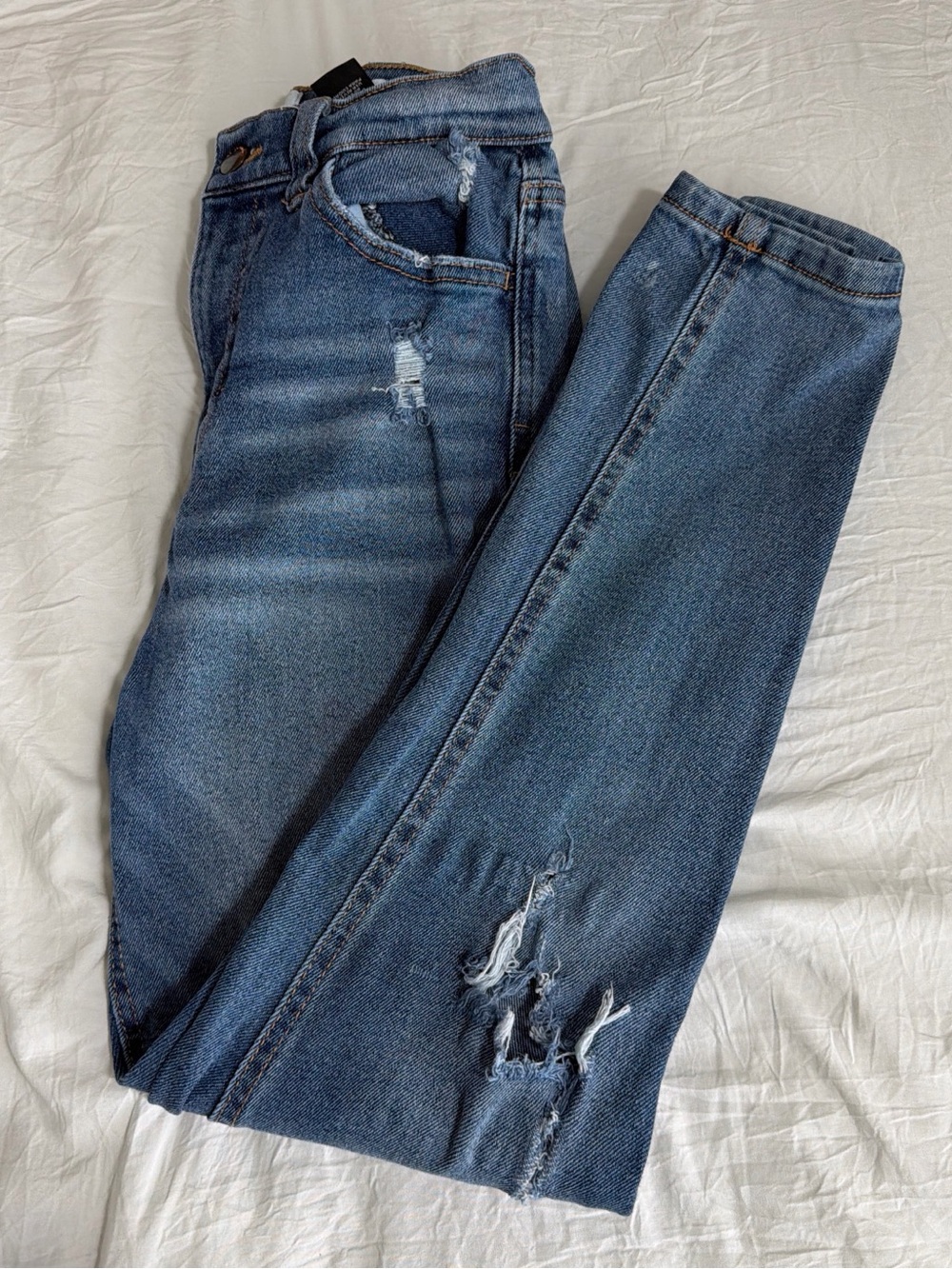 Straight Leg Distressed Blue Jeans - Women